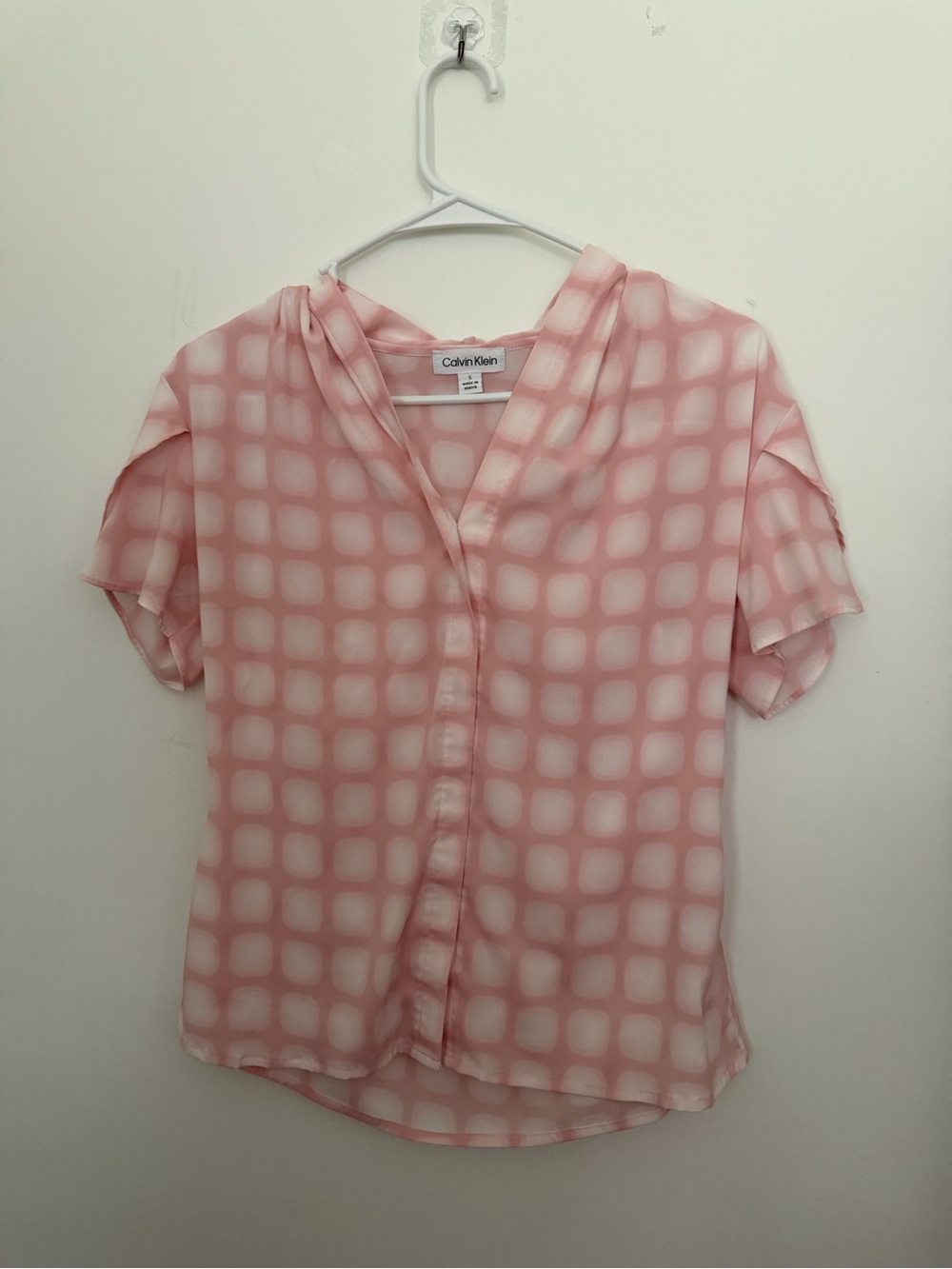 Calvin Klein Pink White Square Checkered Short Sleeve Collared Blouse
